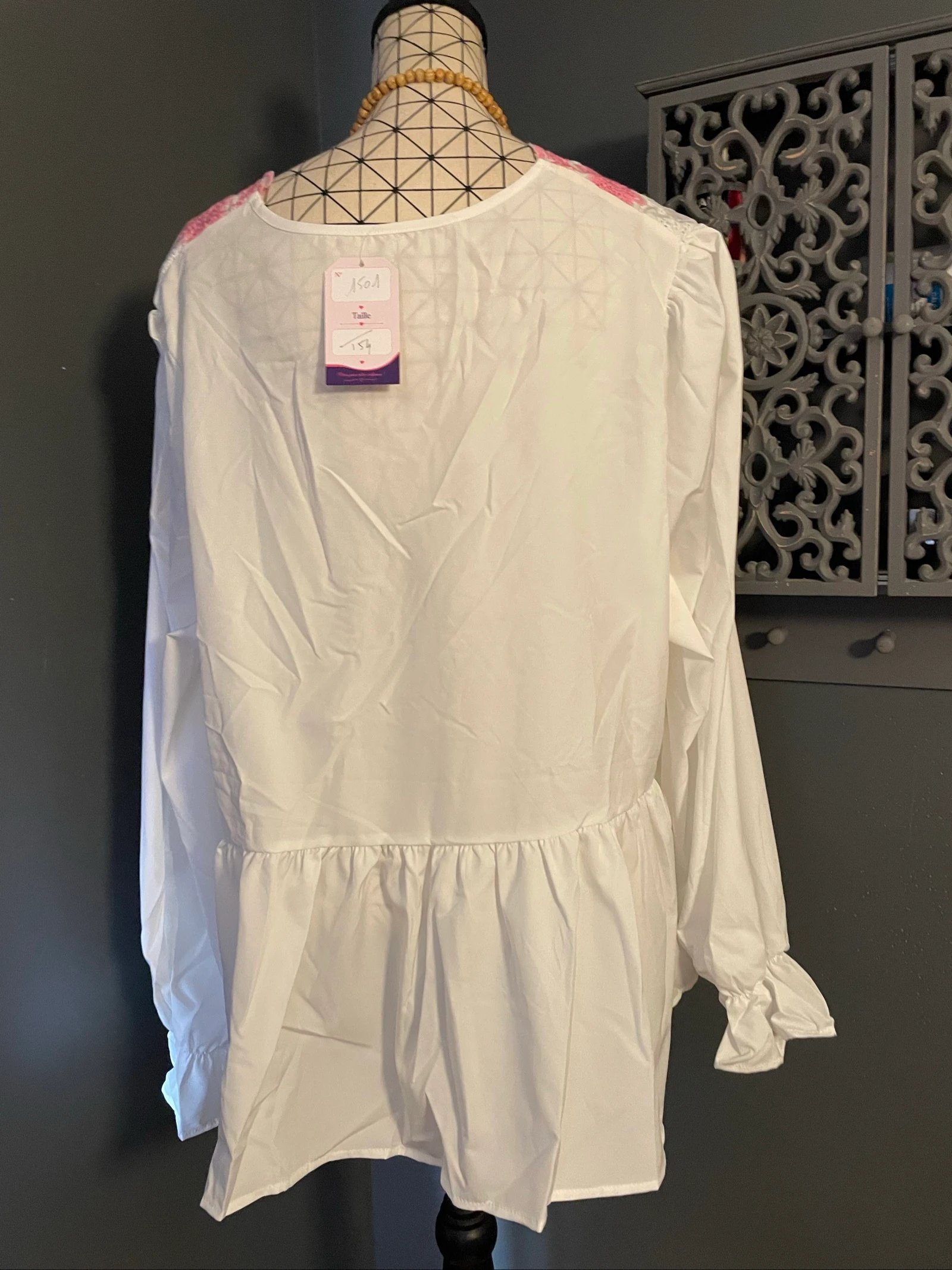 💖 blusa túnica branca bordada flores rosas boémia chic tamanho grande 54 💖 – photo 5